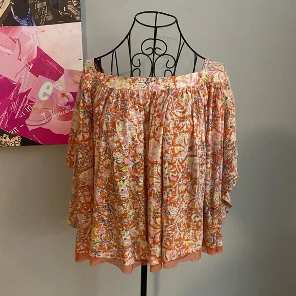 NWT Free People Floral Orange Flutter Sleeve Cropped Top in Large - Picture 2 of 7